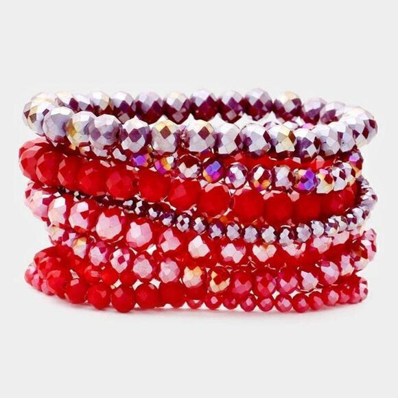 9PCS - Red Faceted Bead Stretch Bracelets - Picture 1 of 7
